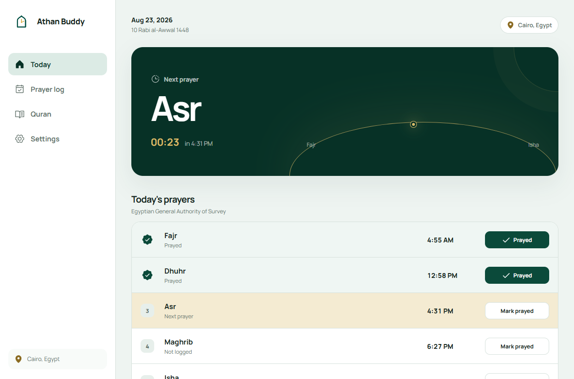Athan Buddy English dashboard showing the next prayer and today's prayer log